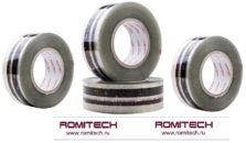 Скотч упаковочный прозрачный 50мкр 48мм*50м  с цветной надписью  лого на ленте  ROMITECH    TR-50-L